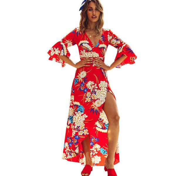 

elegant casual print dress for women flare sleeve beach women dresses long v neck summer clothes for, Black;gray