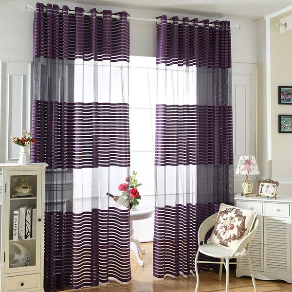

modern simple polyester purple cloth striped bedroom sheer curtains for living room tulle panels window screening