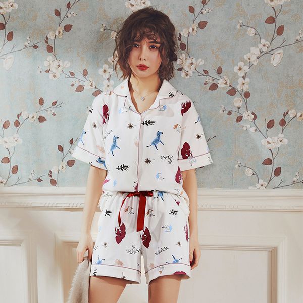 

casual women lingerie short sleeve pajama set short pants turn down collar homewear sleep wear night suit, Black;red