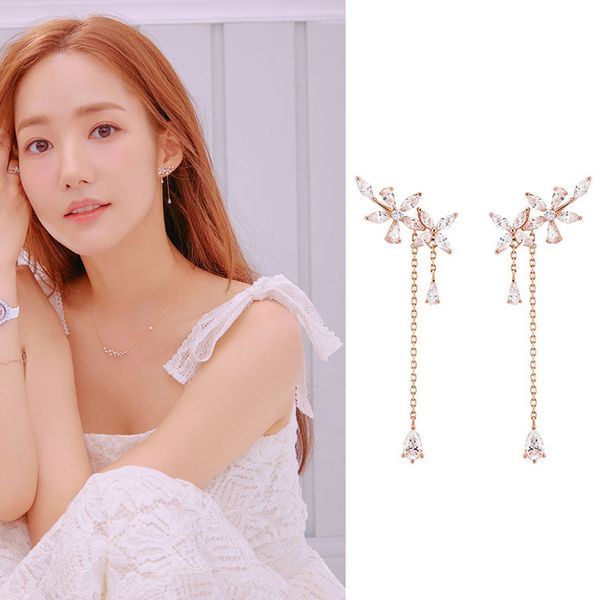

new fashion women korean tv star cute zircon flower drop earrings elegant water drop long line pendientes jewelry girl gifts, Silver