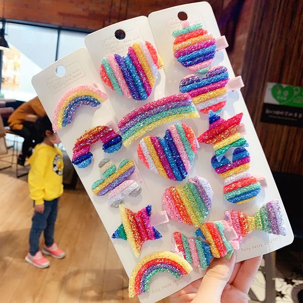 

2020 children cute candy shiny rainbow love flower star ornament hair clips girls lovely barrettes hairpins kid hair accessories, Slivery;white