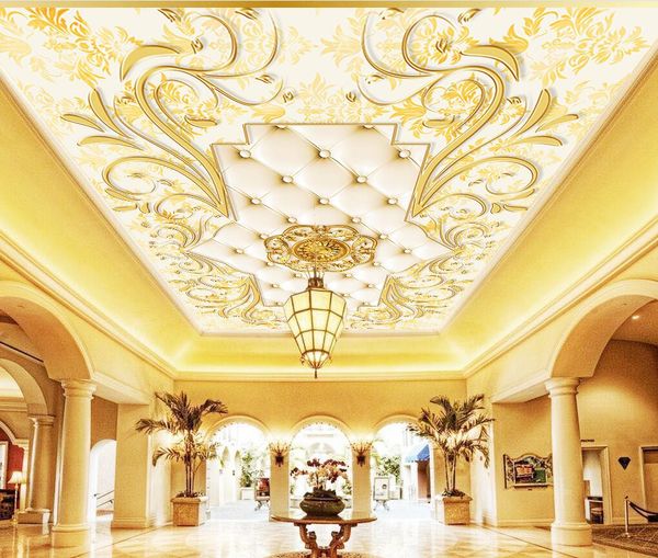 

luxury gold embossed european pattern soft bag ceiling mural paintings living room ceiling wallpaper