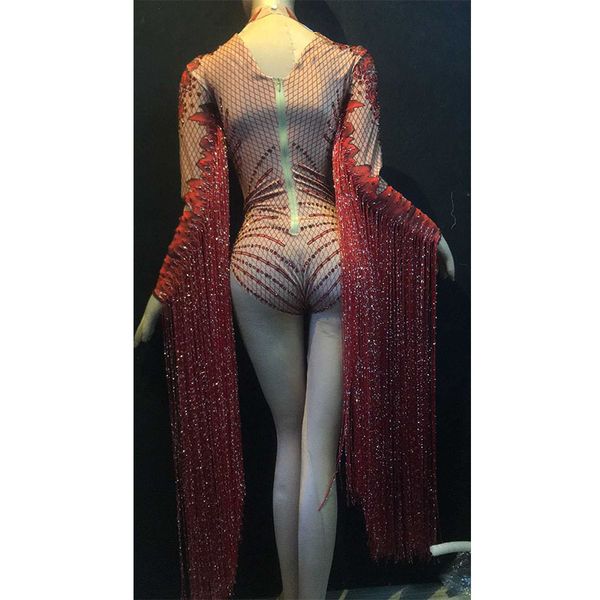 

fashion jazz dance costumes women rhinestone bodysuit singers performance clothing dj pole dance gogo dancers rave outfit dc3695, Black;red