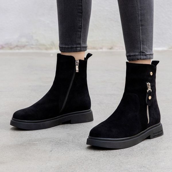 

big size boots women shoes ankle boots for women ladies shoes woman winter double zipper round head flat bottom, Black