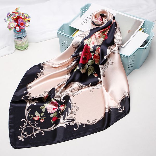 

fashion floral print hair scarf for women kerchief silk satin hijab scarfs 90*90cm square shawl headband scarves for ladies 2019 t200609, Blue;gray