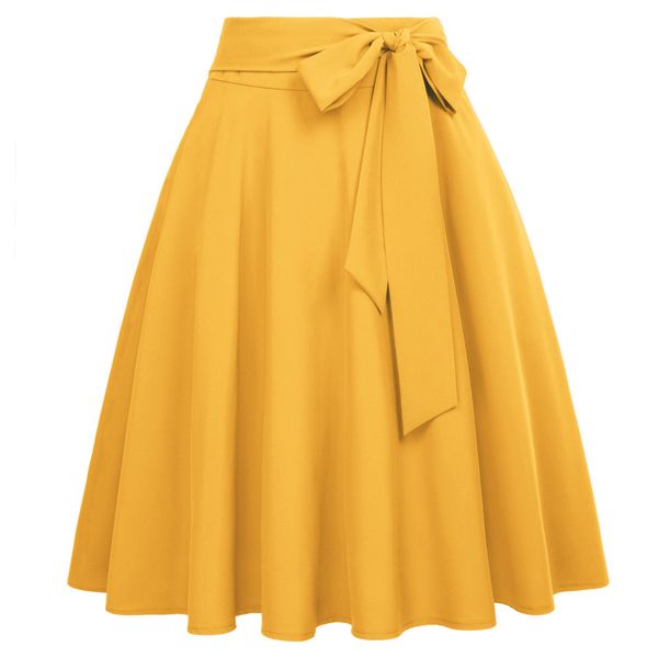 

women solid color high waist skirts self-tie bow-knot embellished big swing keen length elegant retro a-line skirt faldas mujer, Black