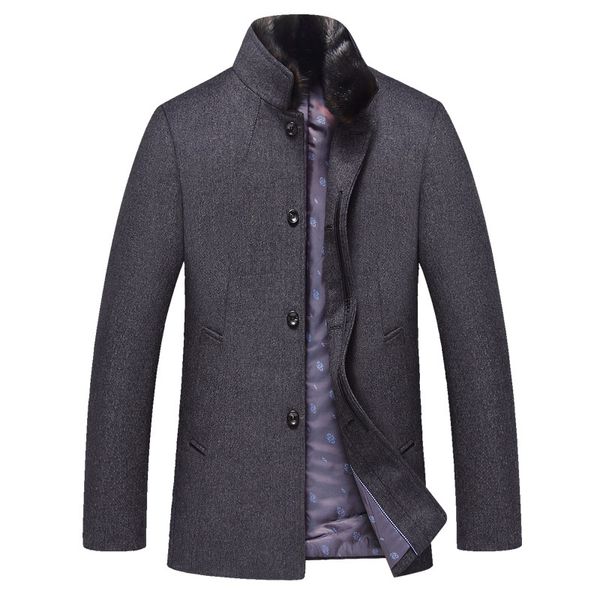 

male autumn winter long trench coat single breasted thick overcoat men faux fur stand collar peacoat woolen jacket, Black
