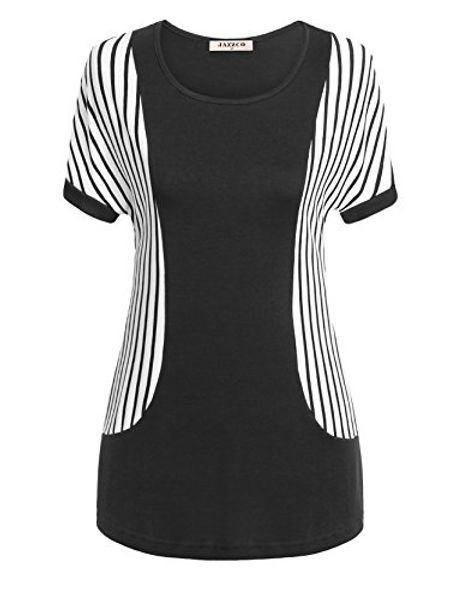 

jazzco womens short sleeve scoop neck striped color block blouse t shirts, Black;gray