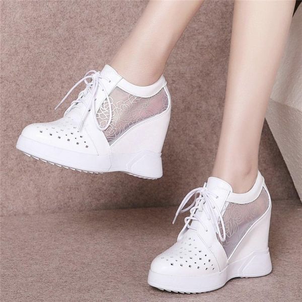 

summer fashion sneakers women genuine leather wedges high heel ankle boots female breathable pointed toe platform pumps shoes, Black