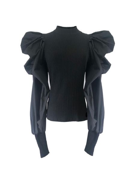 

women's sweaters sweater woman 2021 fashion streetwear knitted patchwork big puff sleeve slim blouse women blusas shirt, White;black