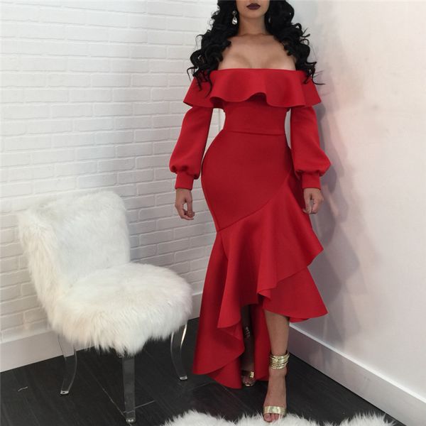 

off плеча вечерние платья партии зимы женщин 2019 длинным рукавом разрез шеи рябить перекрытие элегантный sexy русалка maixi платье, Black;pink