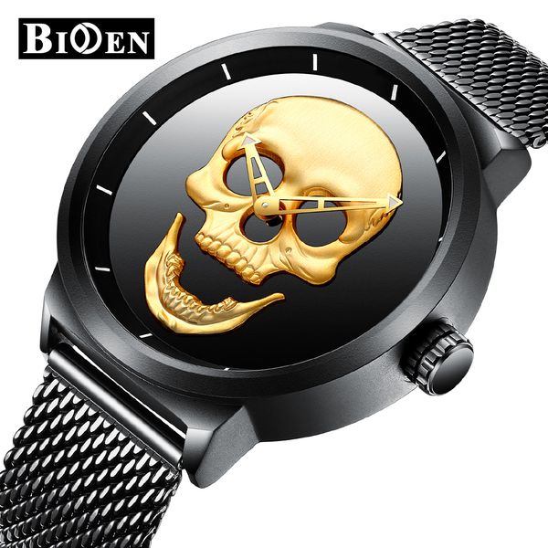 

mens watches unique skull dial men black sport watch stainless steel mesh band wrist watch, Slivery;brown