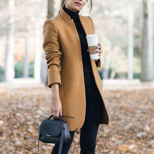 

woolens overcoats women autumn winter stand neck long sleeve pockets thin wool coats casual female office work jackets plus size, Black;brown
