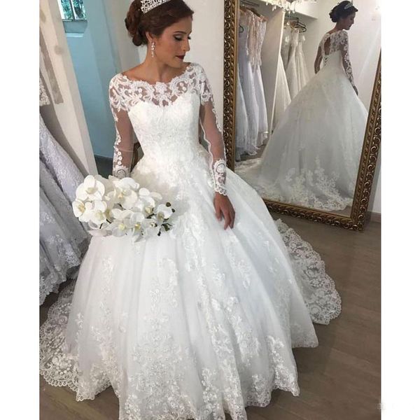 

Elegant Scoop Neck Long Sleeve Ball Gown Wedding Dress Open Back Lace Up robe de mariee With Lace Appliques Bridal Gowns