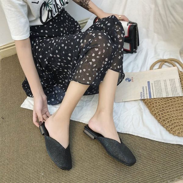 

19 summer and autumn korean-style retro cross surface weaving closed-toe semi-trailing shoes women's outer wear square head chun, Black