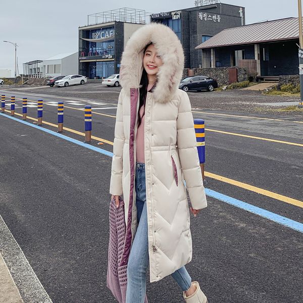 

women winter warm slim down parkas hooded coat fur collar parka solid color fashion pockets zipper long outwear thicken overcoat, Black