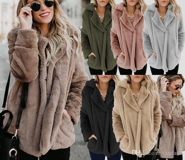 

women autumn winter thick warm velvet faux fur coat long sleeve jacket female plush overcoat casual outerwear, Black