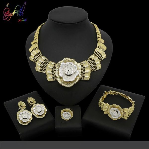 

yulaili мода дубай золотая невеста свадебные ювелирные наборы африка большой цветок кристалл ожерелье браслет серьги кольцо бесплатная подар, Black