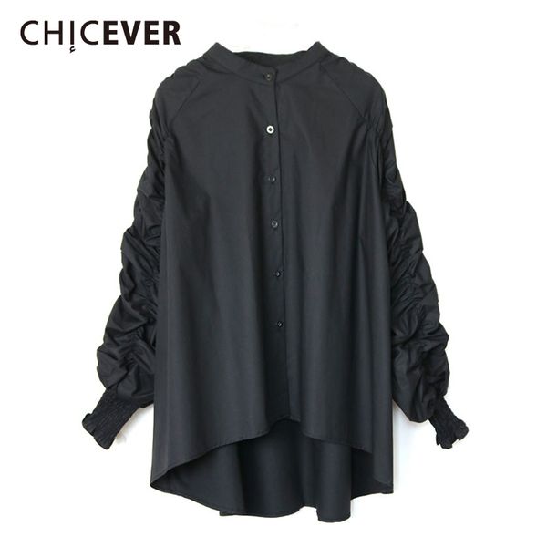 

chicever ruched asymmetric women's shirt stand collar puff long sleeve oversize loose blouse female 2020 fashion clothes new, White