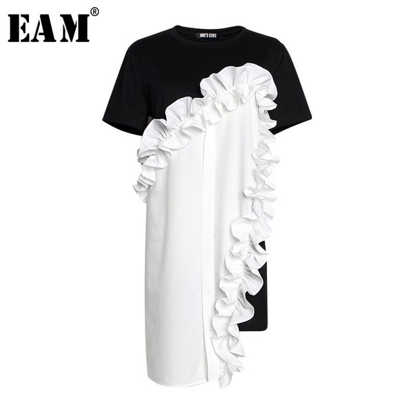 

party dresses [eam] 2021 spring summer round neck short sleeve black loose ruffles three-dimensional dress women fashion jr674, White;black