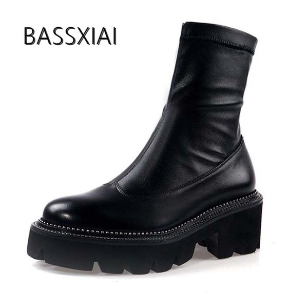 

2019 black platform boots women round toe thick bottom high heel boots woman fashion elastic ankle boots