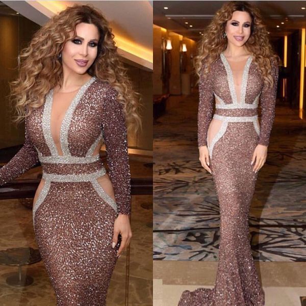 

sparkly yousef aljasmi sequined evening dresses sheer deep v neck plus size prom gowns sheath long sleeves formal dress, Black;red