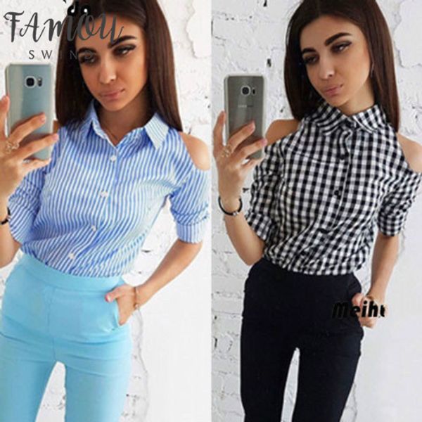 

элегантные рубашки женская мода клетчатый плед холодное плечо топы рубашка с длинным рукавом тонкий блузка для женщин осень плюс размер, White