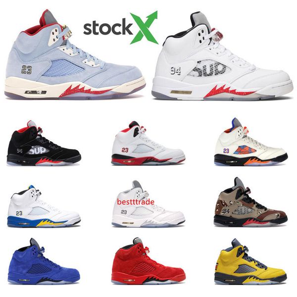 

2020 stock x men basketball shoes 5s black white red suede ice blue laney blue laney white sports sneaker size 7-13