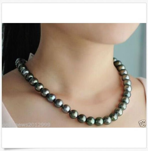 

10-11mm round peacock green tahitian pearl necklace 18 inch 925 silver clasp