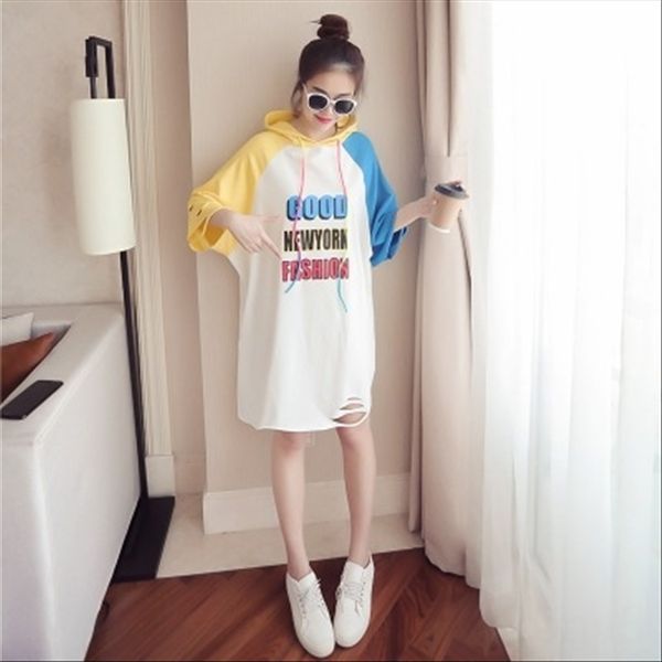 

medium and long underpants t- underpants hooded stitching half-sleeve t-shirt base shirt women's fashion hole chic leisure, White