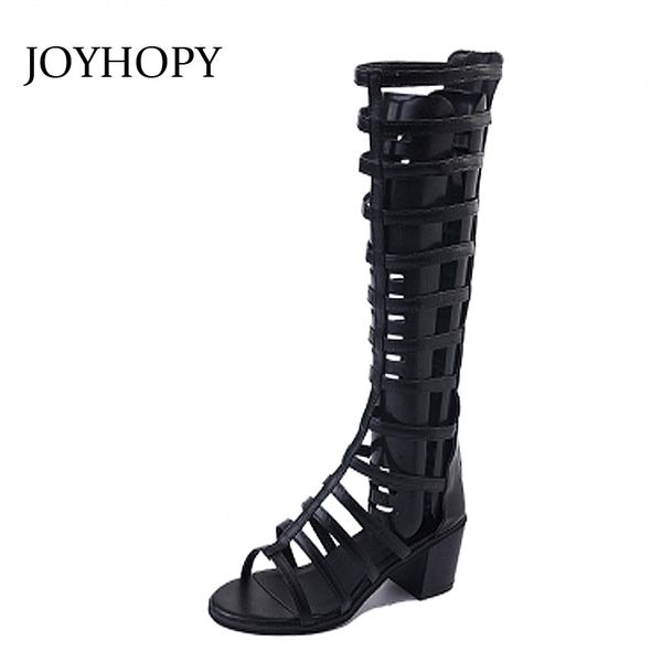 

joyhopy 2018 summer rome stype hollow long tube boots gladiator sandals narrow band women peep toe high heel shoes womens aws078, Black