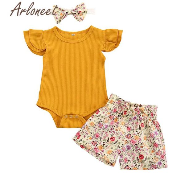 

arloneet 3pcs clothes baby girls rompers short sleeve jumpsuit flower shorts bow headband baby toddler girls summer outfits set, Blue