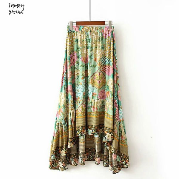 

винтажная юбка мода лето chic женщины цветочные peacock печати пляж bohemian высокий эластичный пояс maxi a line boho юбка femme, Black