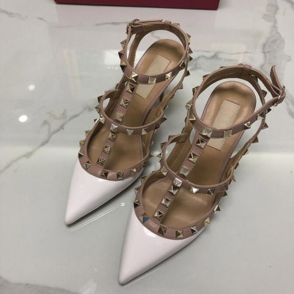 

2019 fashion white leather spikes women pumps wedding shoes woman high heels sandal ankle straps rivets shoes high heels bridal shoes, Black