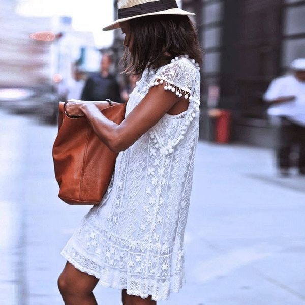 

summer dress women casual lace sleeveless beach short tassel mini boho dress plus size women clothing c0527, Black;gray