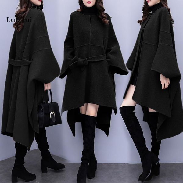 

plus size women cloak woolen coat autumn winter new popular woolen coat women's korean loose long overcoat 3xl, Black