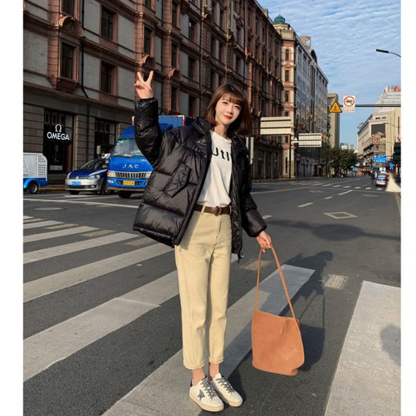 

jackets fashion solid color hooded coat in winter womens new tide loose light thin bright down coat keep warm 2020 winter new, Black