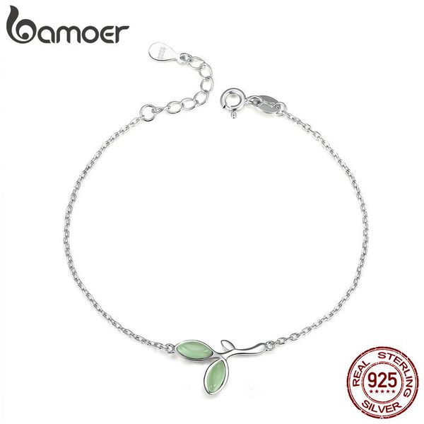 

bamoer 925 sterling silver hope green tree leaves buds enamel women chain bracelets for women sterling silver jewelry scb112, Golden;silver