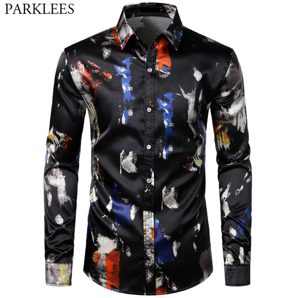 

colorful print silk shirt men fashion splashing ink mens dress shirts smooth satin party men long sleeve camisa social masculina, White;black