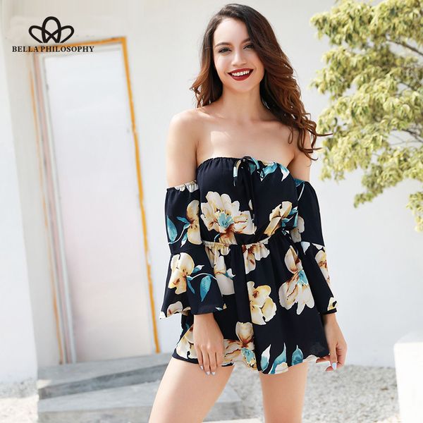 

bella philosophy summer floral printed women beach jumpsuits off shoulder slash playsuits flare sleeve straight rompers, Black;white