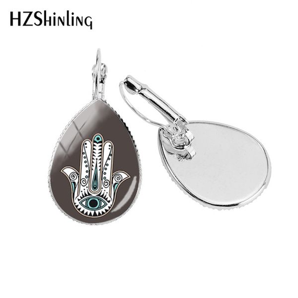 

new hand of fatima water drop earring hamsa evil eye earrings clips hand of miriam drop ear clip glass dome p jewelry, Silver