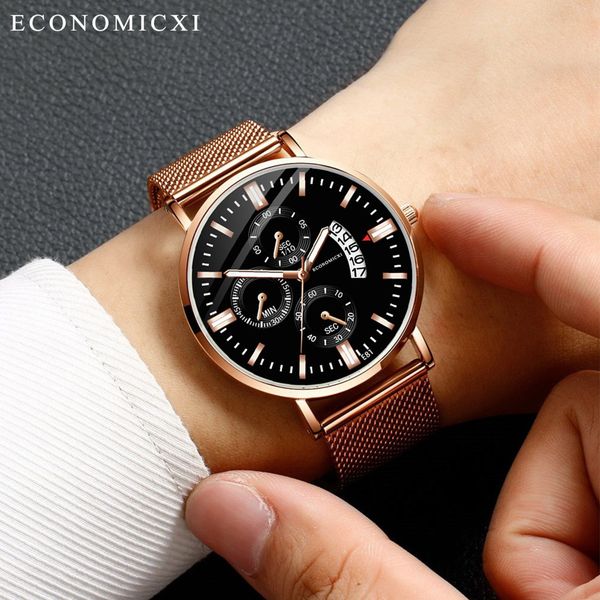 

fashion simple stainless steel with three eyes watch small dial men's quartz watch, Slivery;brown