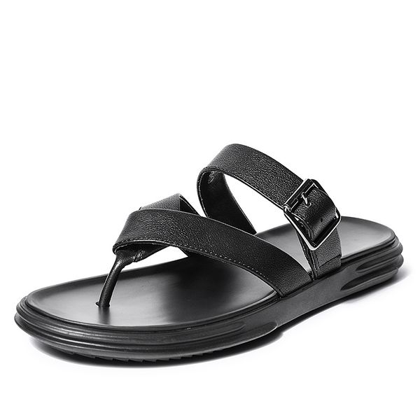 

anti-skid summer genuine leather flip-flops mens fashion mens slippers casual outdoor beach shoes male all-match cowhide, Black