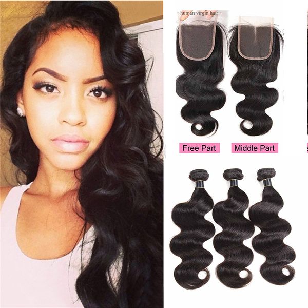 

brazilian virgin hair with closure extensions 3 bundles brazilian body wave hair with 4x4 lace closure unprocessed remy human hair weave, Black