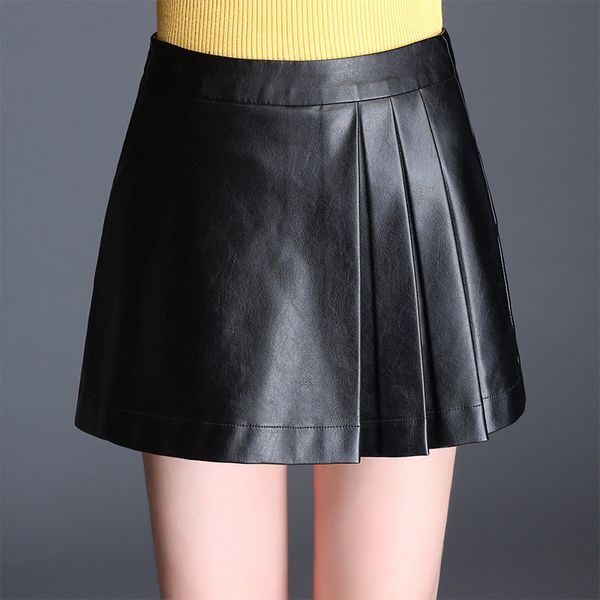 

women's pu leather shorts skirts female casual mini skirt ladies mid waist all match black pleated short pants plus size m-4xl, White;black
