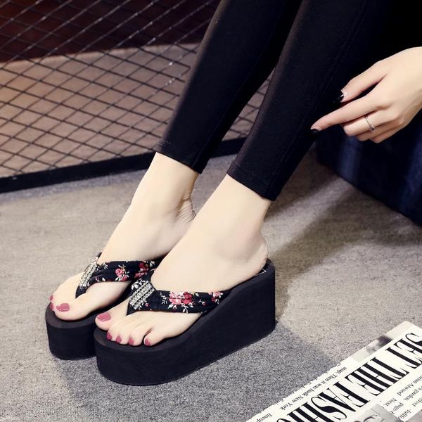 

women flip flop heel 9cm ladies wedge slippers women shoes summer flip flop slippers platform fashion sandale plate femme, Black