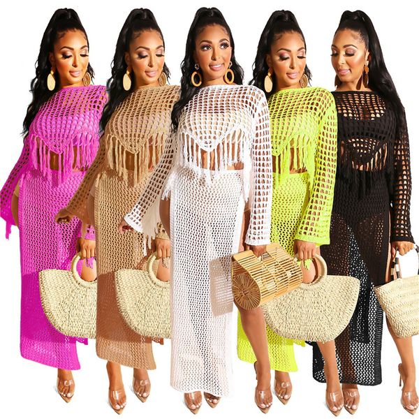 

knitted hollow two piece set dress women tassels patchwork see through long dress summer high waist long sleeve boho dress n19.7-2119, White