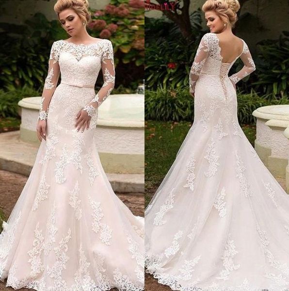 

elegant lace wedding dress with long sleeves 2020 tulle applique bow sash mermaid bridal wedding gowns vestido de noiva with lace up bm1668, White