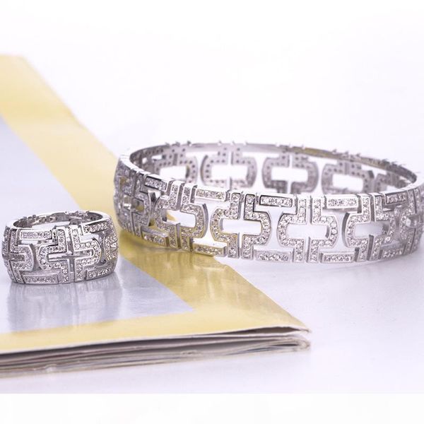 

wholesale 2019 new designer full zircon stones paved hollow out bangle bracelet and rings wedding party jewelry sets for women, Silver