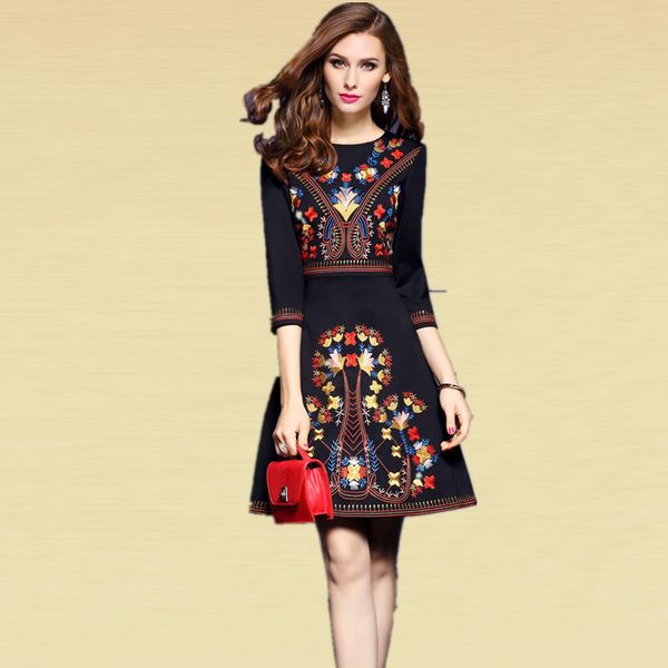 

fashion spring new retro national style women's embroidery round neck black temperament dress z-10-246, Black;gray